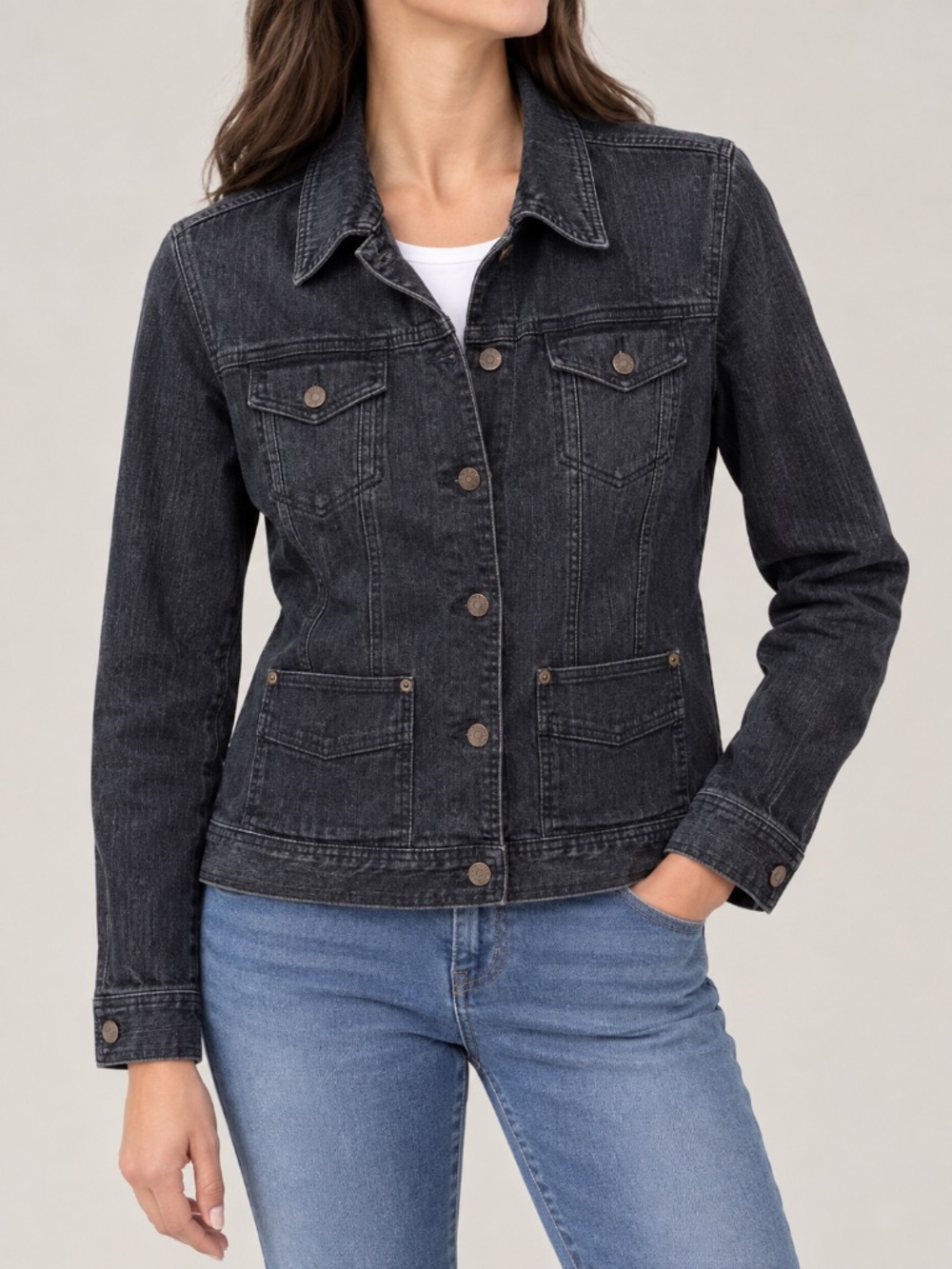 Eddie Bauer Black Washed Denim Jacket, women’s medium